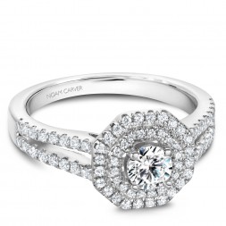 A modern Carver Studio white gold engagement ring with a double halo and 77 diamonds.