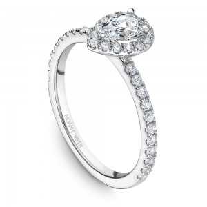 A Carver Studio white gold engagement ring with a pear halo and 37 diamonds.