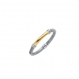 Silver And 18Kt Gold  Italian Cable Bangle With Large Spring Ring Clasp And Diamonds Bar