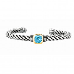 Silver And 18Kt Gold Italian Cable Cuff Bangle With Blue Topaz