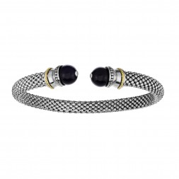 Silver And 18Kt Gold  Textured Popcorn Cuff Bangle  With Ball Black Onyx