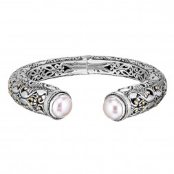 Silver And 18Kt Gold Graduated Cuff Bangle With Curved Design And Ball White Pearl