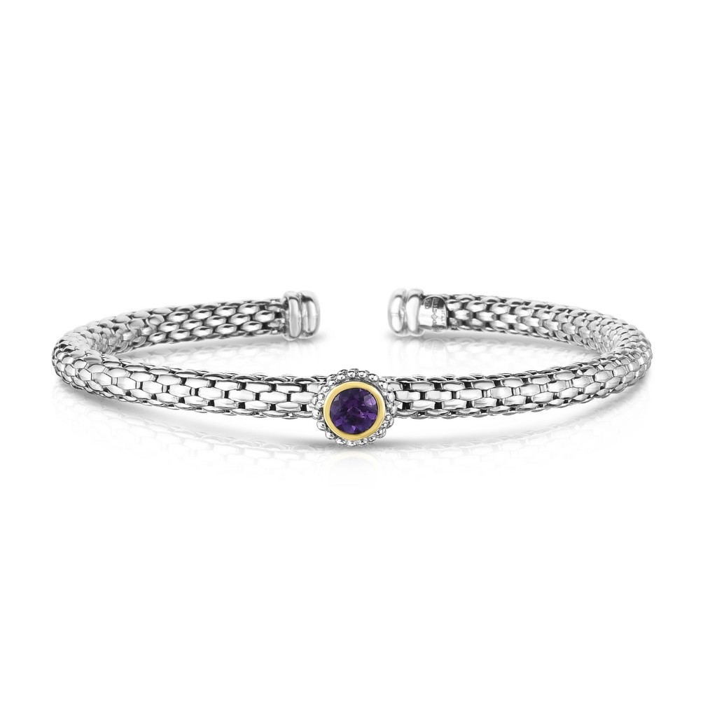 Sterling Silver And 18K Gold Popcorn Cuff Bangle With Round Amethyst