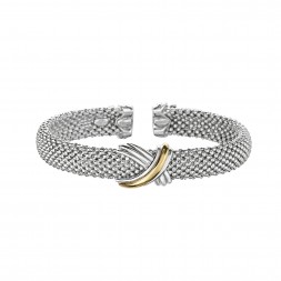 Silver And 18Kt Gold Popcorn Mesh Sculpted X Cuff Bracelet
