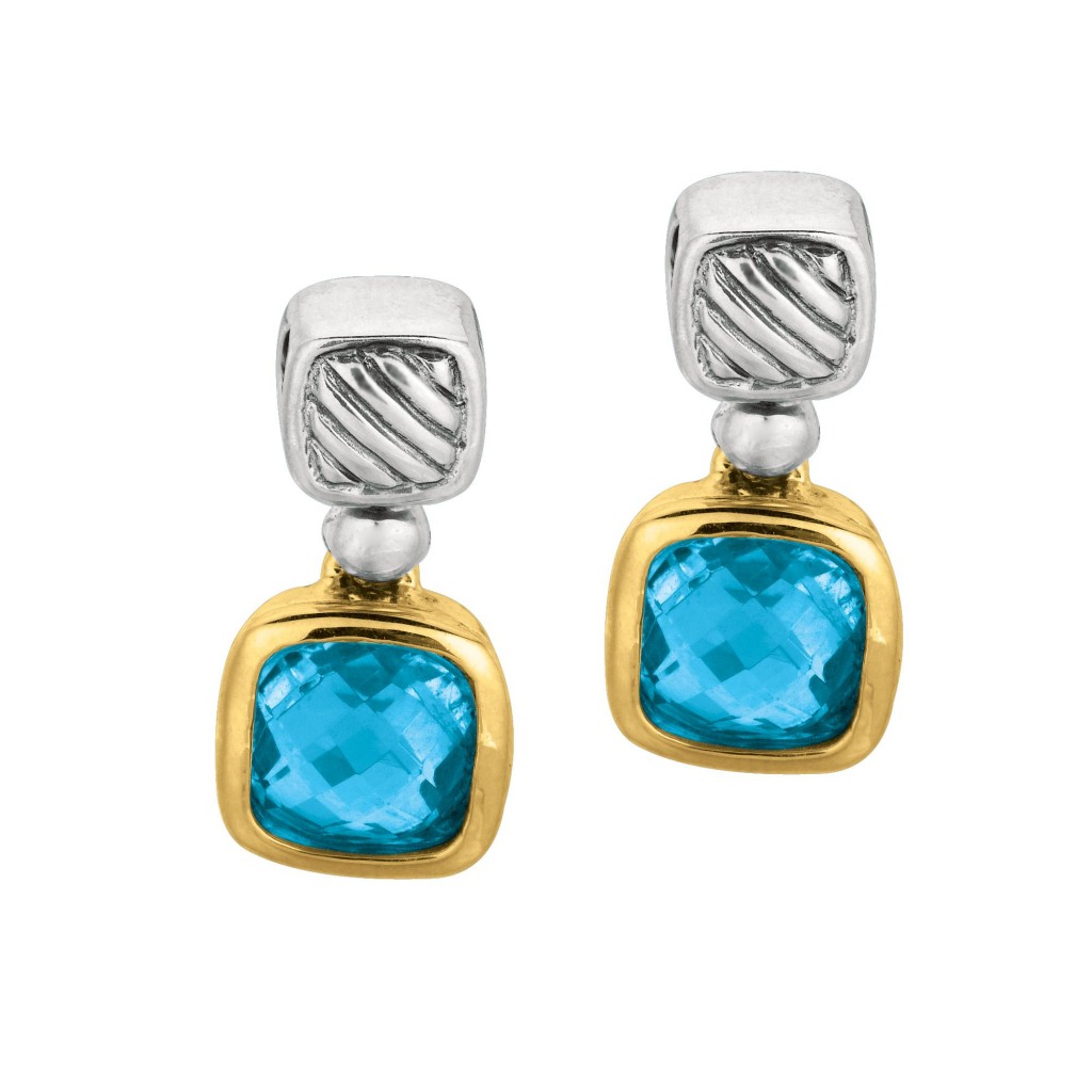 Silver And 18Kt Gold Italian Cable Earrings With Blue Topaz