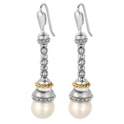 Silver And 18Kt Gold Popcorn Drop Earringsd With Euro Wire Clasp And Ball White Pearl