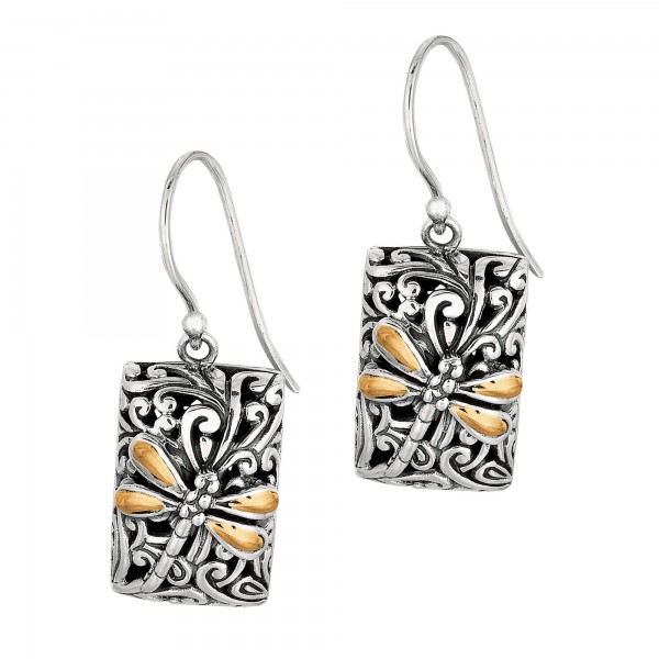 Silver And 18Kt Gold  35X13Mm Dragonfly Rectangular Drop Earrings