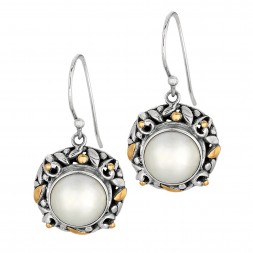 Silver And 18Kt Gold Byzantine Bamboo Leaves  Round Drop Earrings With White Pearl