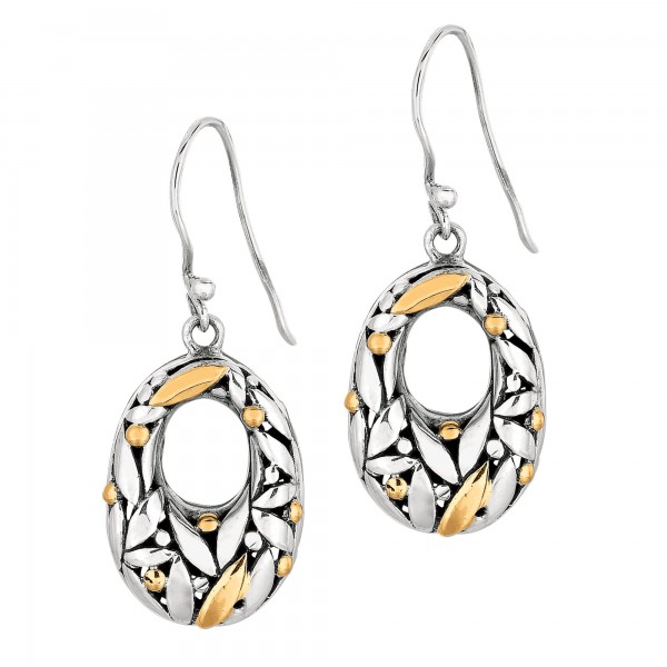 Silver And 18Kt Gold Bamboo Leave Oval  Earrings