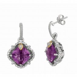 Silver And 18Kt Gold Gem Candy Drop Earrings With Amethyst And Diamond