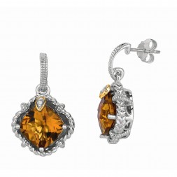 Silver And 18Kt Gold Gem Cnady Drop Earrings With Whisky Quartz And Diamonds