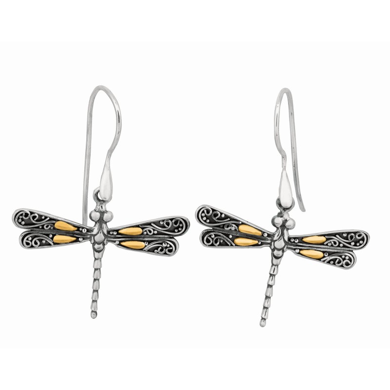 Silver And 18Kt Gold Oxidized Single Dragonfly Earrings