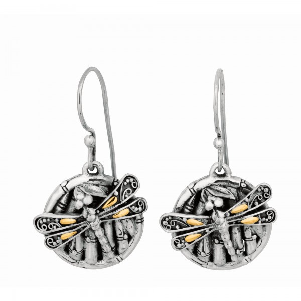 Silver And 18Kt Gold Oxidized Dragonfly Bamboo Earrings