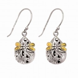 Silver And 18Kt Gold Dragonfly Teardrop Earrings