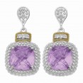 Silver And 18Kt Gold Textured Square Popcorn Drop Earrings With Push Back Clasp, Diamonds And  Amethyst
