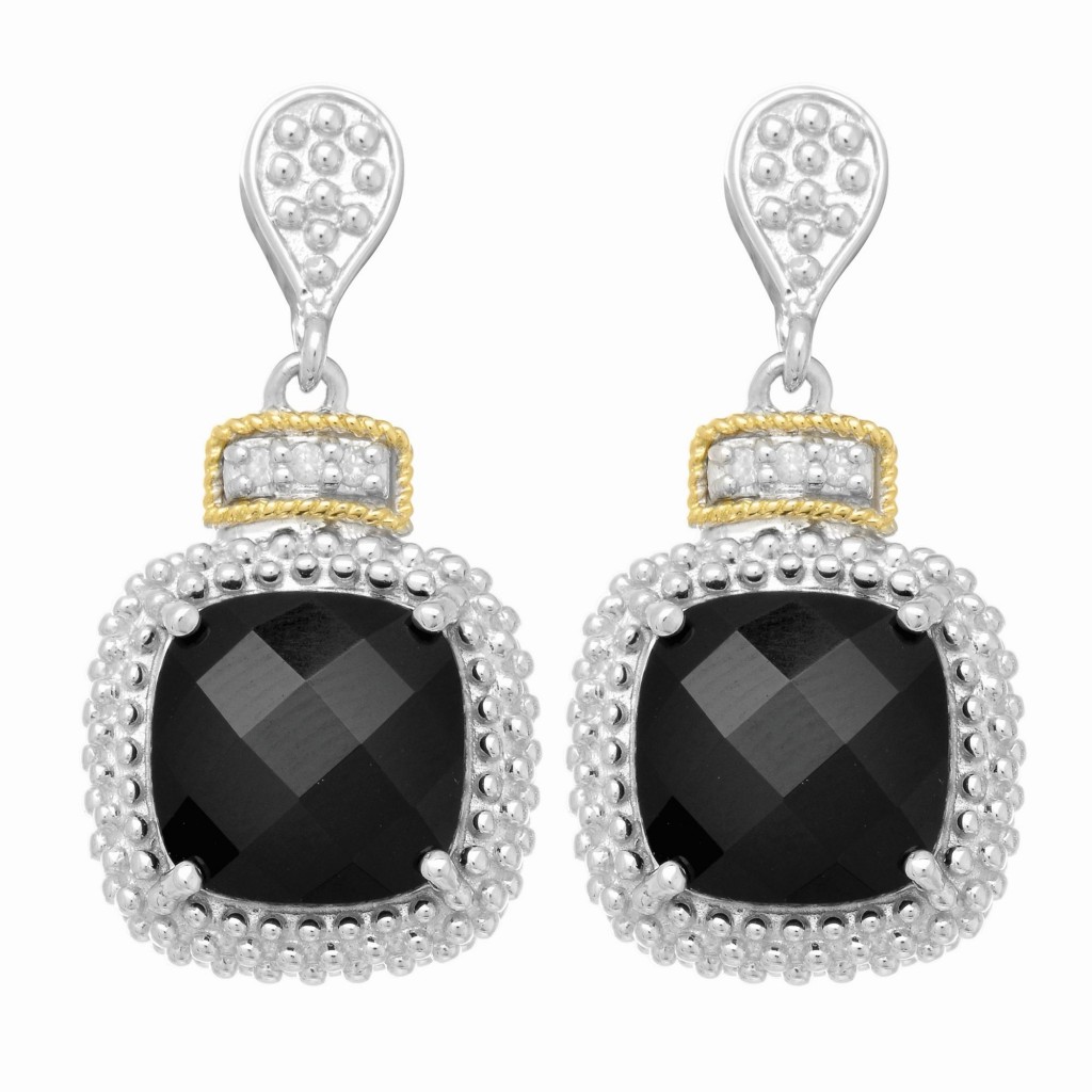 Silver And 18Kt Gold Textured Square Popcorn Drop Earrings With Push Back Clasp, Diamonds And  Black Onyx