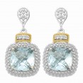 Silver And 18Kt Gold Textured Square Popcorn Drop Earrings With Push Back Clasp, Diamonds And  Blue Topaz