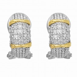 Silver And 18Kt Gold Textured Curve Popcorn Post Earrings With Omega Back Clasp And  Diamonds