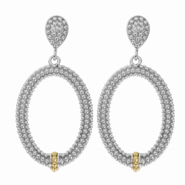 Silver And 18Kt Gold Textured Oval Popcorn Drop Earrings With Push Back Clasp