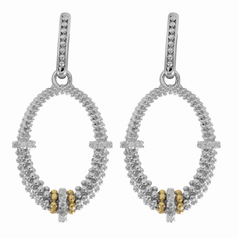 Silver And 18Kt Gold Textured Oval Popcorn Drop Earrings With Push Back Clasp And Diamonds