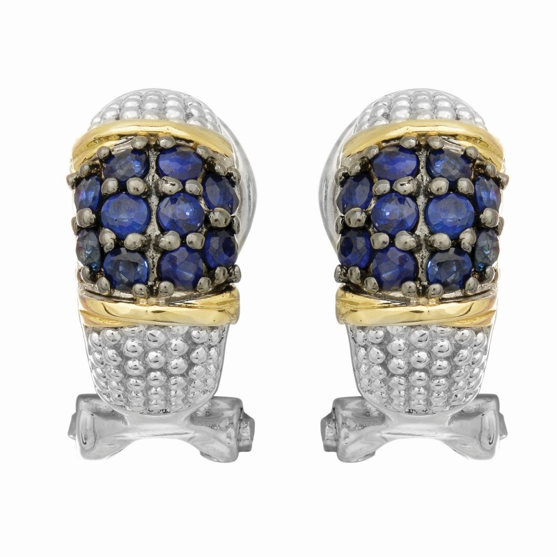Silver And 18Kt Gold Textured Curve Popcorn Post Earrings With Omega Back Clasp And Blue Sapphires