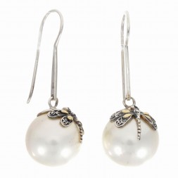 Silver And 18Kt Gold Dragonfly Drop Earrings With Shell Pearl