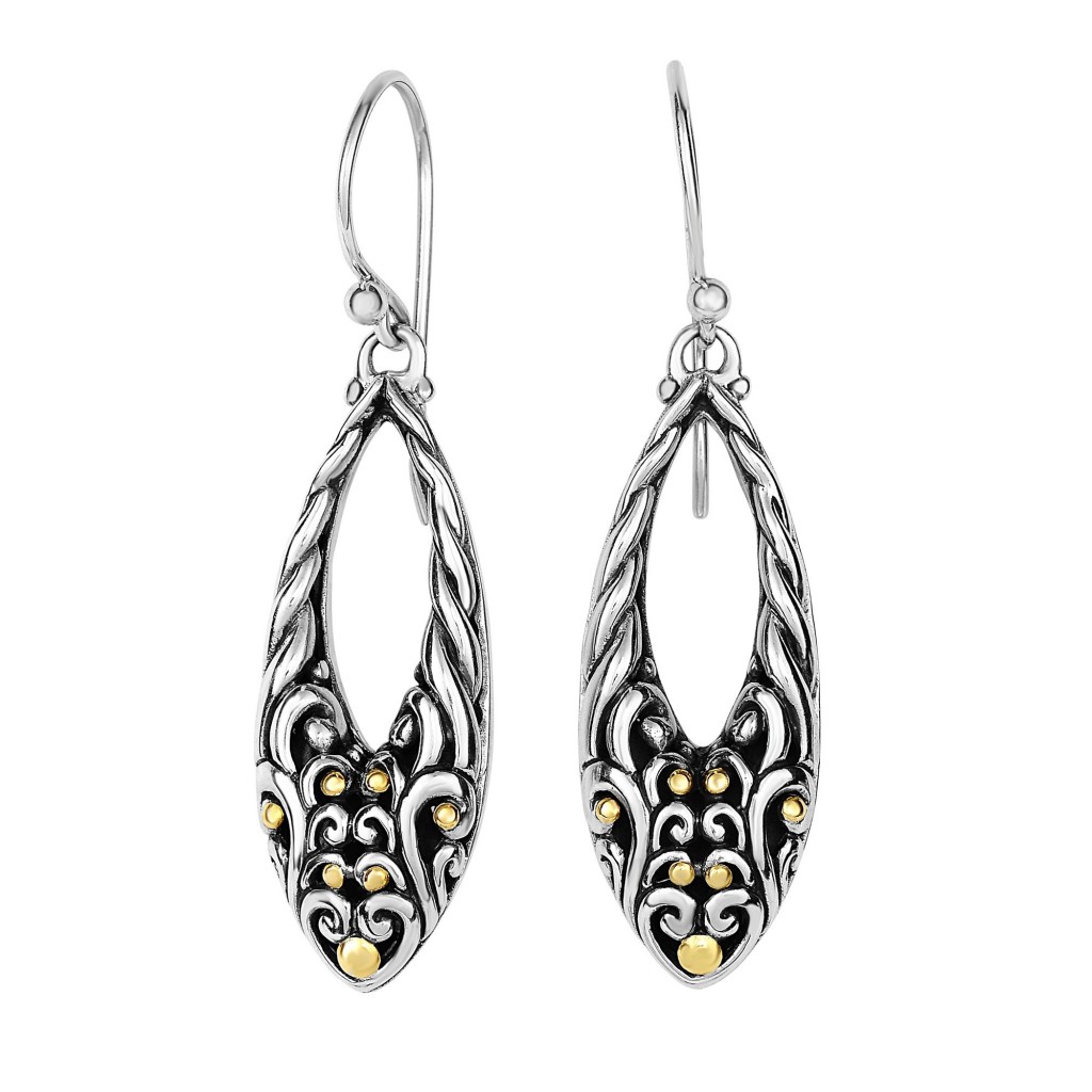 Silver And 18Kt Gold 29X7Mm Graduated Open Teardrop Filigree Earrings With Euro Wire