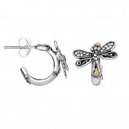 Silver And 18Kt Gold Half-Hoop Dragonfly Post Earrings With White Sapphire
