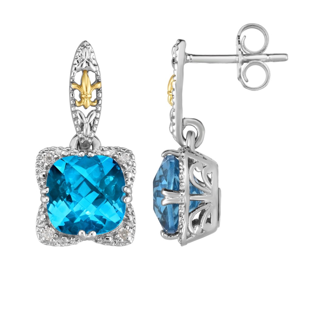 Silver And 18Kt Gold Gem Candy Drop Earrings With Blue Topaz And Diamonds