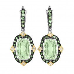 Silver And 18Kt Gold Euro Wire  Drop Earrings With Green Amethyst,Tsavorite And Diamonds