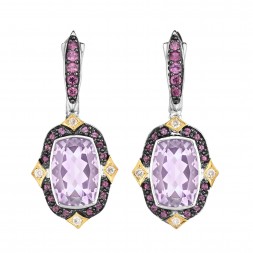Silver And 18Kt Gold Euro Wire  Drop Earrings With P Ink Amethyst, Rhodalite And Diamonds