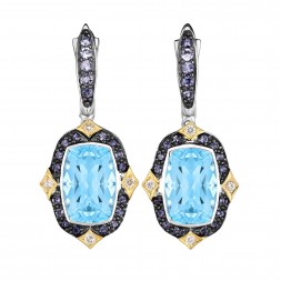 Silver And 18Kt Gold Euro Wire  Drop Earrings With Blue Topaz, Iolite And Diamonds