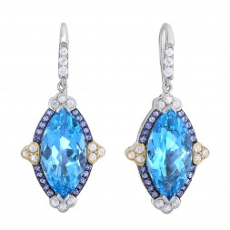 Silver And 18Kt Gold Gem Candy Marquise Drop Earrings With Blue Topaz, Iolite And White Sapphire