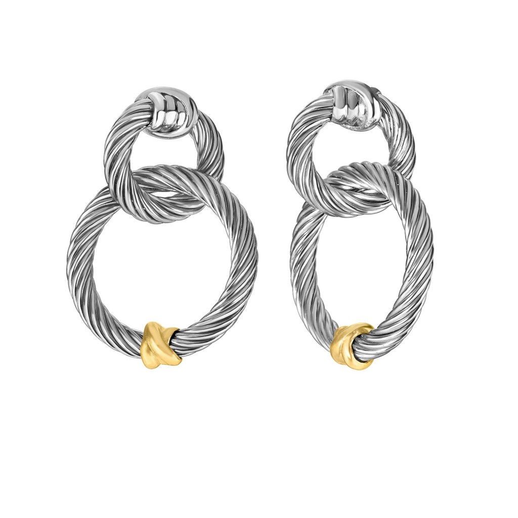 Silver And 18Kt Gold Italian Cable Double Link Drop Earrings