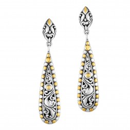 Silver And 18Kt Gold Oxidized Finish 28X9Mm Teardrop Earrings With Push Back