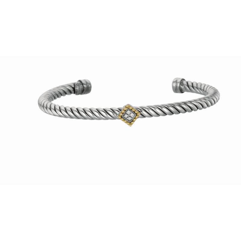 Silver And 18Kt Gold Italian Cable Cuff Bangle With Diamonds