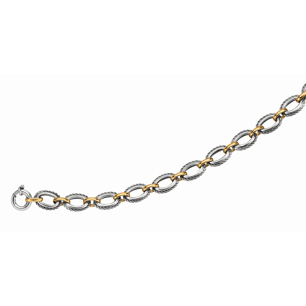 Silver And 18Kt Gold Rhodium Finish Textured Italian Cable Link  Necklace With Spring Ring Clasp