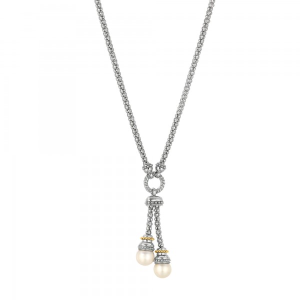 Silver And 18Kt Gold  17In  Popcorn Lariat Necklace With White Pearl