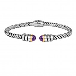 Silver And 18Kt Gold Italian Cable Cuff Bangle With Amethyst