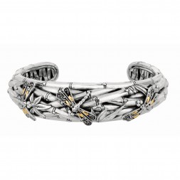 Silver And 18Kt Gold 12Mm Oxidized Dragonfly Bamboo Cuff Bangle