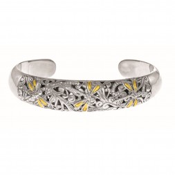 Silver And 18Kt Gold 8Mm Dragonfly Cuff Bangle With 0.25Ct. Diamonds