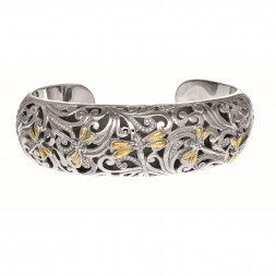 Silver And 18Kt Gold 17Mm  0.59Ct. Diamonds Dragonfly Wider Cuff Bangle