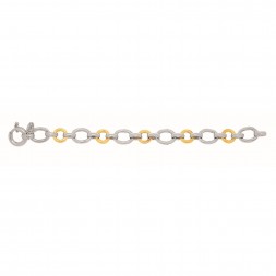 Silver And 18Kt Gold Textured Italian Cable Necklace With Round And Oval Links And Spring Ring Clasp