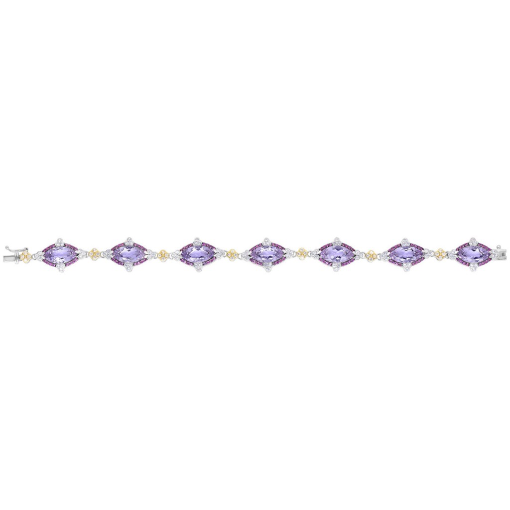Silver And 18Kt Gold Gem Candy Marquis Bracelet  With P Ink  Amethyst, Rhodalite And White Sapphire