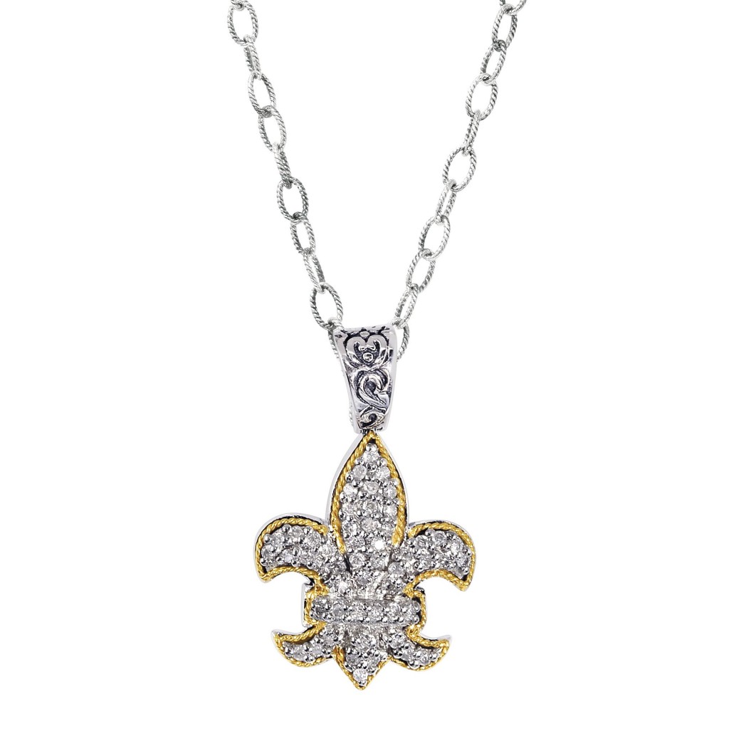 Silver And 18Kt Gold  Fleur De Lis Shape Pendant With Diamond On 18In Chain