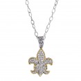 Silver And 18Kt Gold  Fleur De Lis Shape Pendant With Diamond On 18In Chain