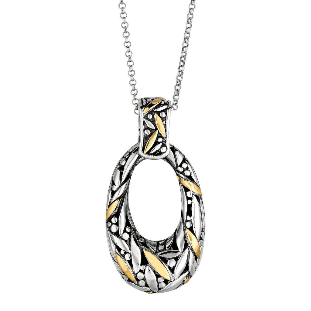 Silver And 18Kt Gold Bamboo Leave Pendant  On 18In Chain