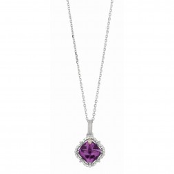 Silver And 18Kt Gold Gem Candy Cushion Amethyst And Diamonds Pendant With Woven F Inish On 18 In Cha In