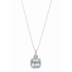 Silver And 18Kt Gold Popcorn Pendant With Large Square Cushion Blue Topaz And Diamonds On 18In Chain
