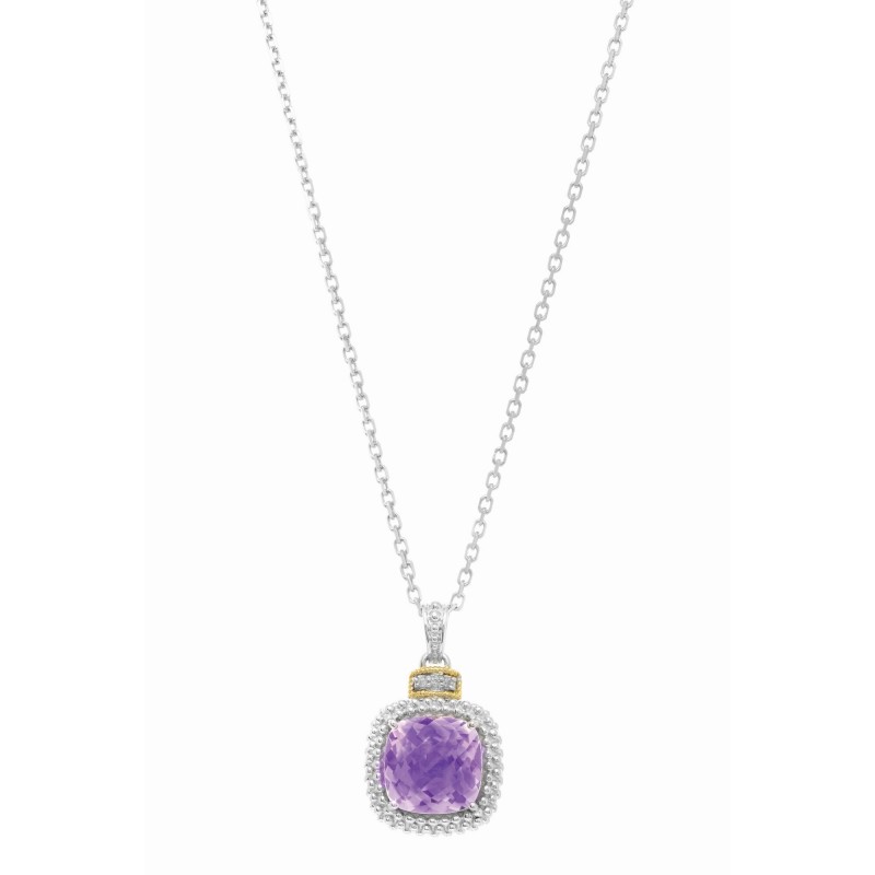 Silver And 18Kt Gold Popcorn Pendant With Large Square Cushion Amethyst And Diamonds On 18In Chain